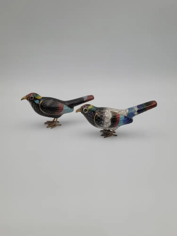 Pair Cloisonne Enamel Birds Miniature Figurines