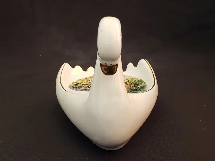 Ceramic White Swan Ashtray Trinket Dish with illustration of Buck, deer & landscape