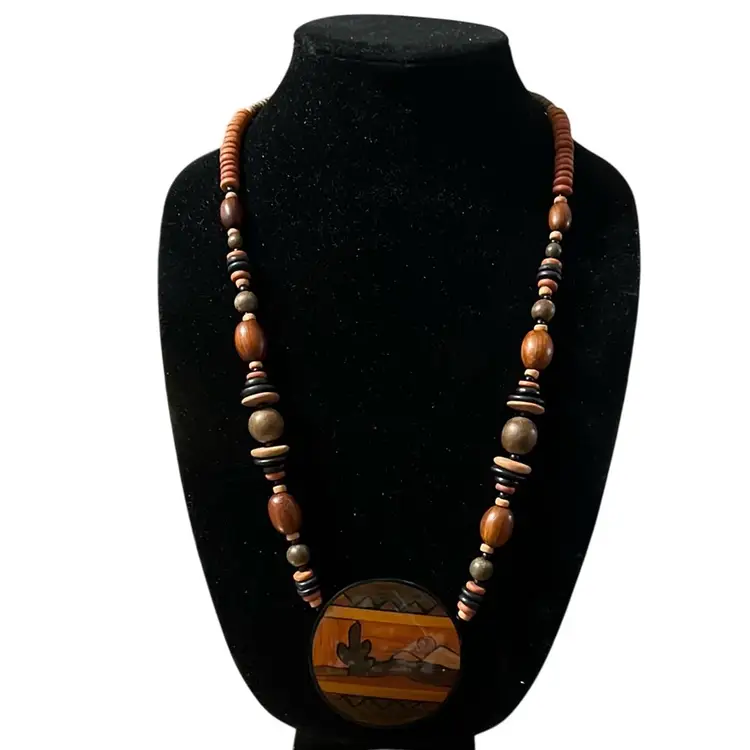 Wooden Beaded Necklace w/ a Round, Hand-painted Desert scene pendant (Arizona?) Sterling Silver Clasp