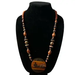 Wooden Beaded Necklace w/ a Round, Hand-painted Desert scene pendant (Arizona?) Sterling Silver Clasp