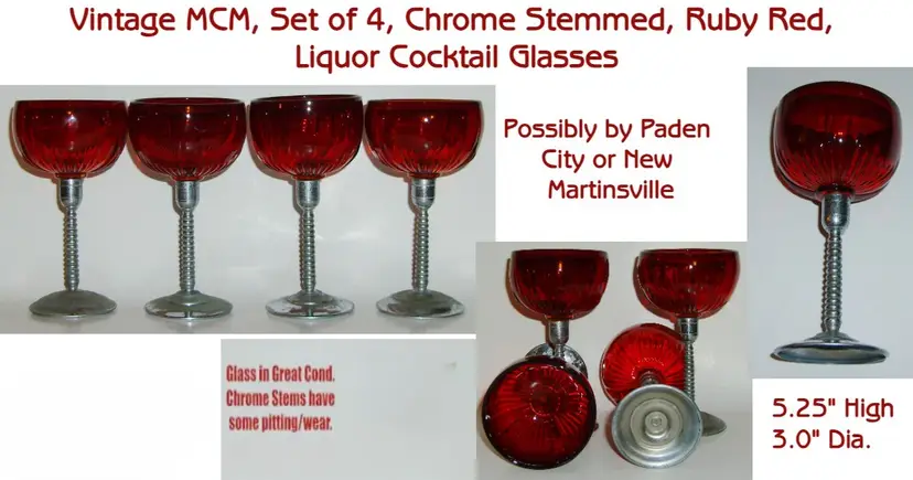 Vintage MCM Chrome & Ruby Red Cordial Liquor Glasses