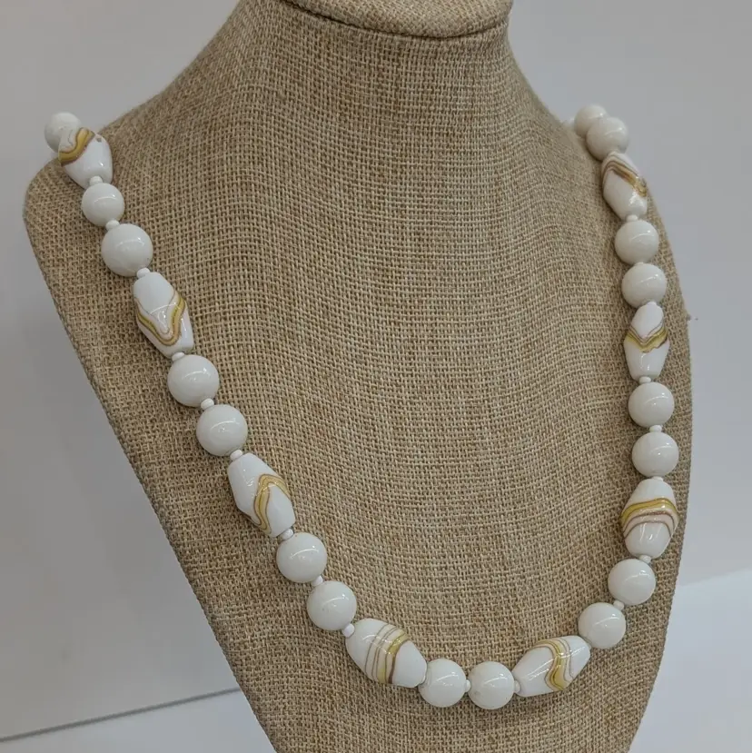 Vintage Milk Glass Beaded Necklace White Gold Aventurine & Yellow Feathered 27"