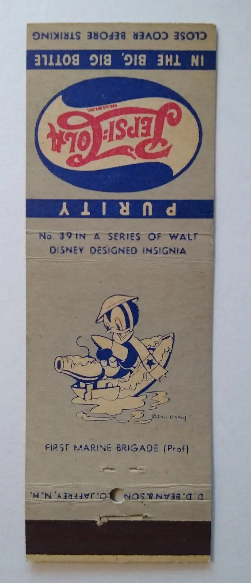 Pepsi Cola Matchbook Cover Walt Disney No 39 Duck Marine Brigade 1940s WWII