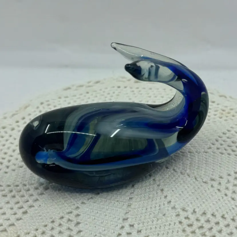 Blue Swirl Glass Whale Figurine With Tail Fin Up
