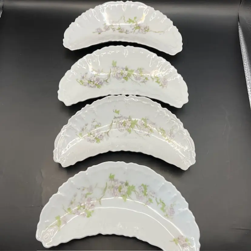 Set of 4 Antique China Bone Dishes - Purple Flowers Cresent Shaped 7" x 3.25"