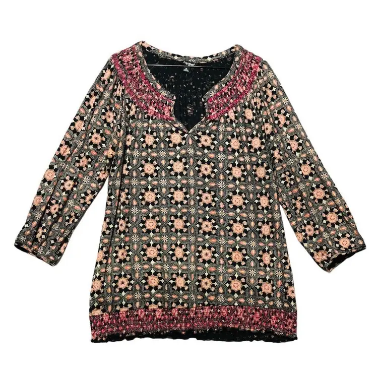 Lucky Brand Womens Boho V-Neck Blouse Geometric 3/4 Sleeve Top Smock black pink