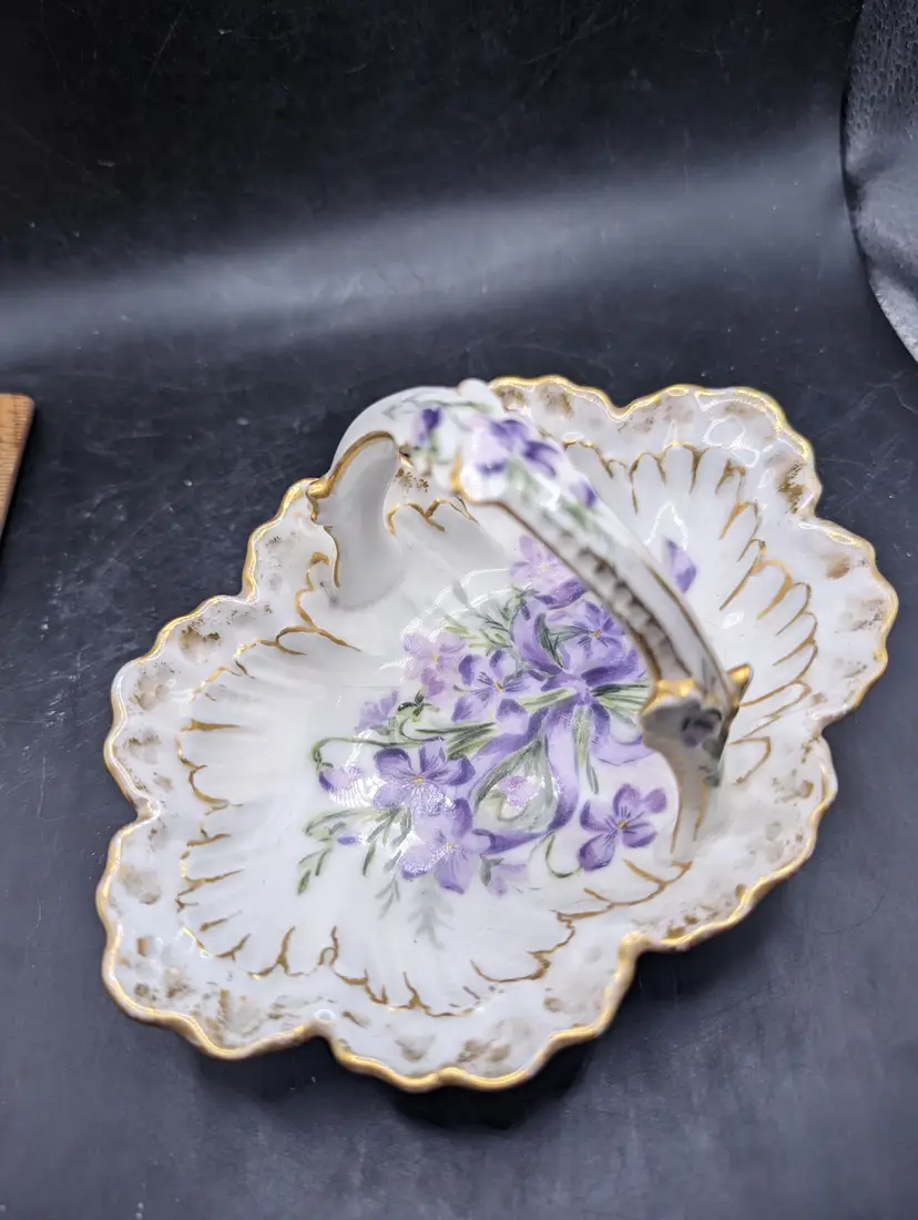 Vintage W G & Co France Hand Painted China Trinket Dish with Purple Flowers and Handle