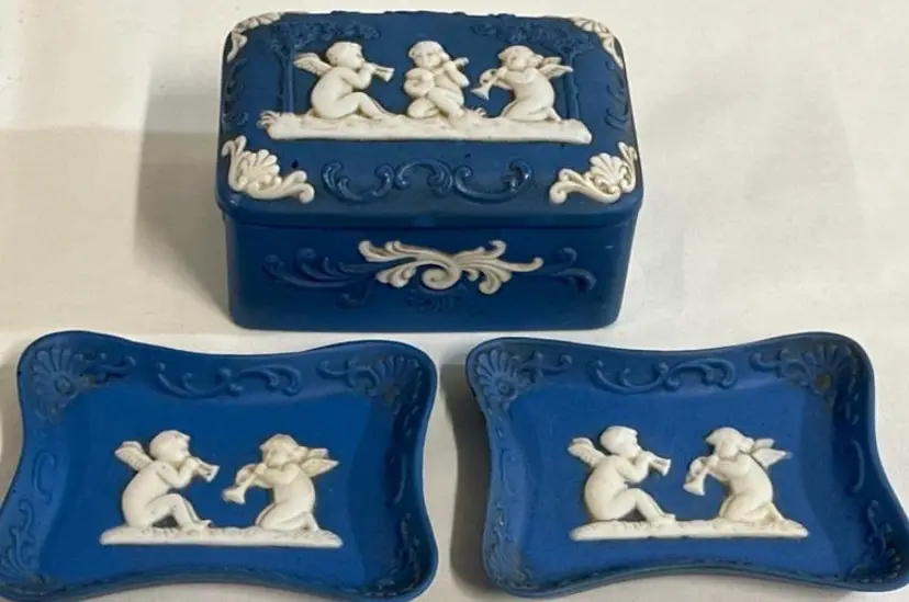 Vintage Wedgwood Blue and White Ceramic Trinket Box (4 x 3 x 2 Inches) And Two Wedgewood Trinket Trays (3.5 x 3 Inches) Japan Label