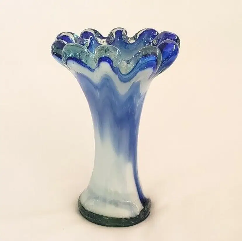 Art Glass Hand Blown Swung Glass Vase Blue White & Clear 5¼" Tall Approximately