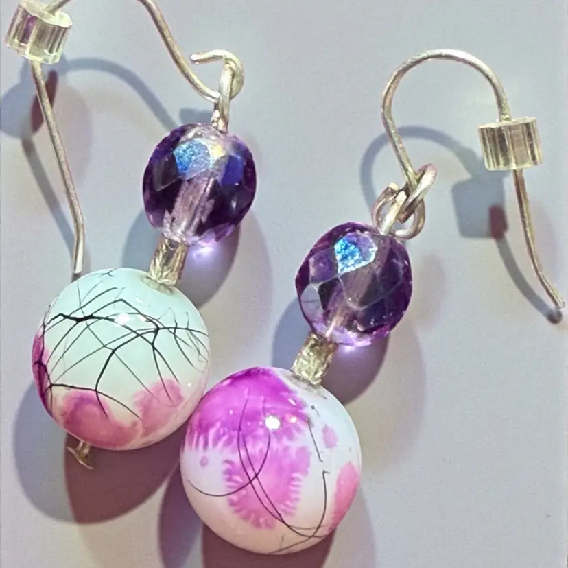 Artisan White Pink & Purple Pierced Earrings 1.5” With Wire
