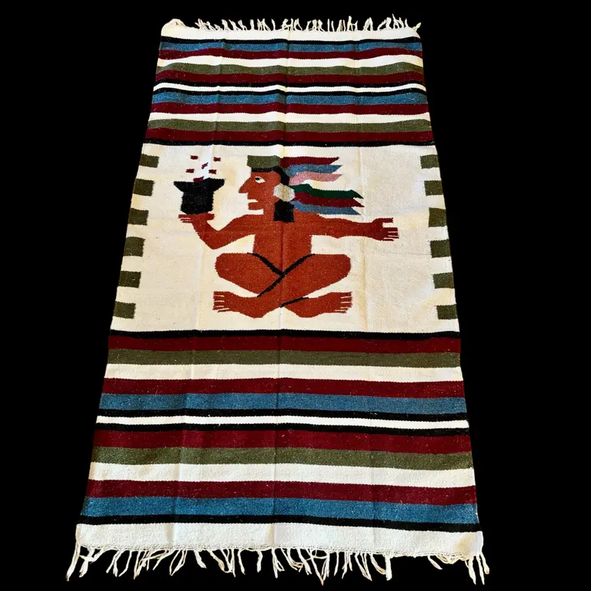 Vintage Woven Blanket Rug Wall Hanging Warrior Design Aztec Inca Mayan 35”x65”