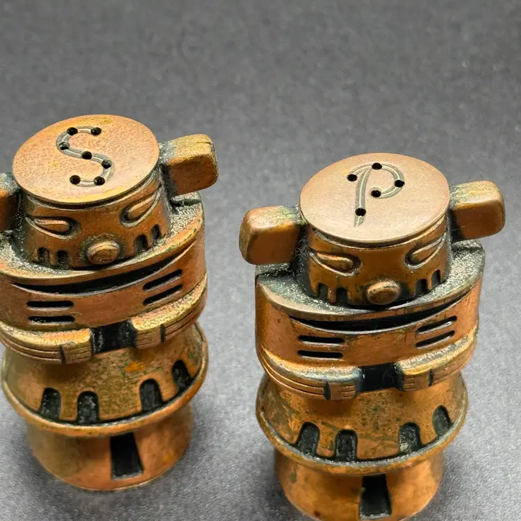 Metal Copper Salt and Pepper Shakers Inca Kachina Totem Native Eclectic