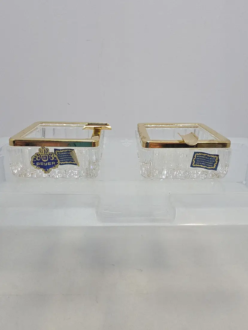 Vintage Beyer West Germany Lead Crystal Ashtray Set Of 2 Gold Tone Trim (C5)