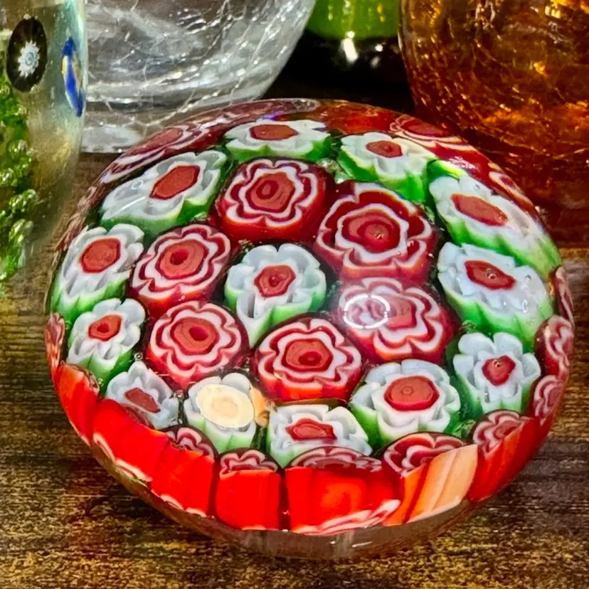 vintage Murano Italian art glass millefiori paperweight, w/red, white, and green floral canes