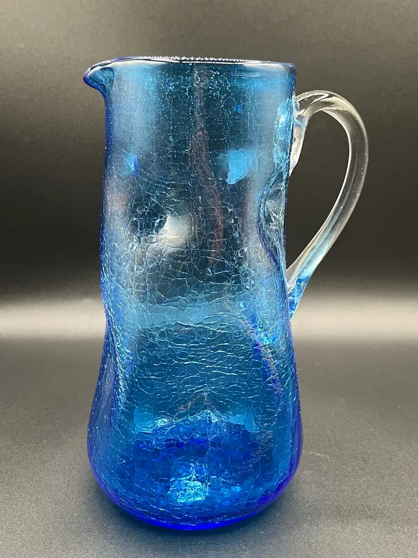 Large Cobalt Blue Pinched Crackle Glass Pitcher 9.5” READ 💙