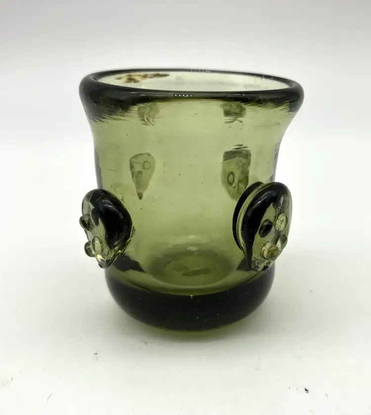 BIN - Hand blown Olive Green Jamestown Glass Shot Glass With Raspberry Prunts 1 7/8”