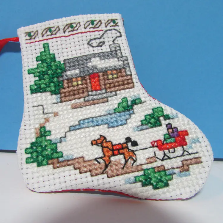 #01 completed handmade cross stitch small Christmas stocking ornament winter scene
