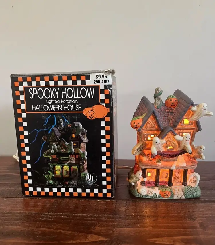 Vintage 90s Lighted Lit Spooky Hollow Halloween House Haunted Village Porcelain