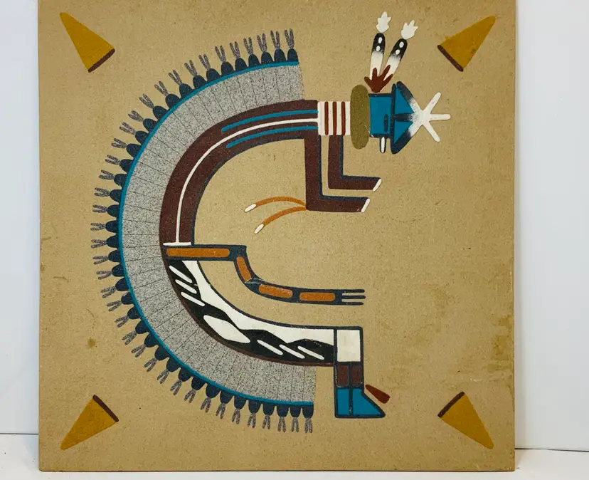 Navajo Signed Rainbow God Sand Painting On Wooden Panel Native American Southwest Motif