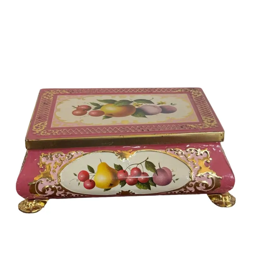 Vintage Metal Fricke & Nacke Tin Fruit Vanity Trinket Box WEST GERMANY Footed