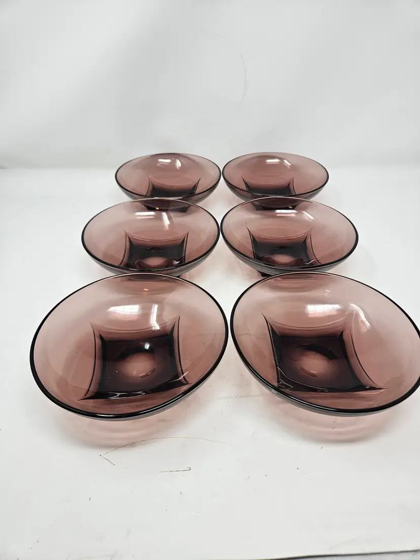 (6) Hazel Atlas Moroccan Amethyst 6" Round Bowls Set Vintage Colonial Glass Lot