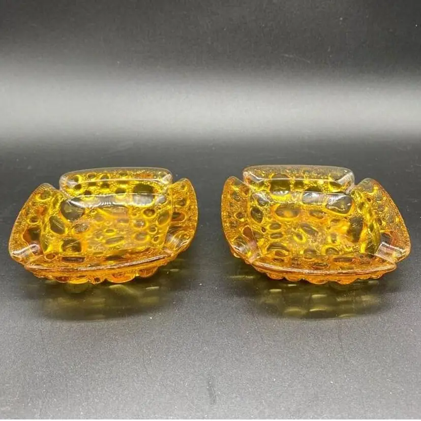 #2309 Pair MCM Libbey Pebble Bubble Ashtray small Amber Glass Trinket Tray 1960
