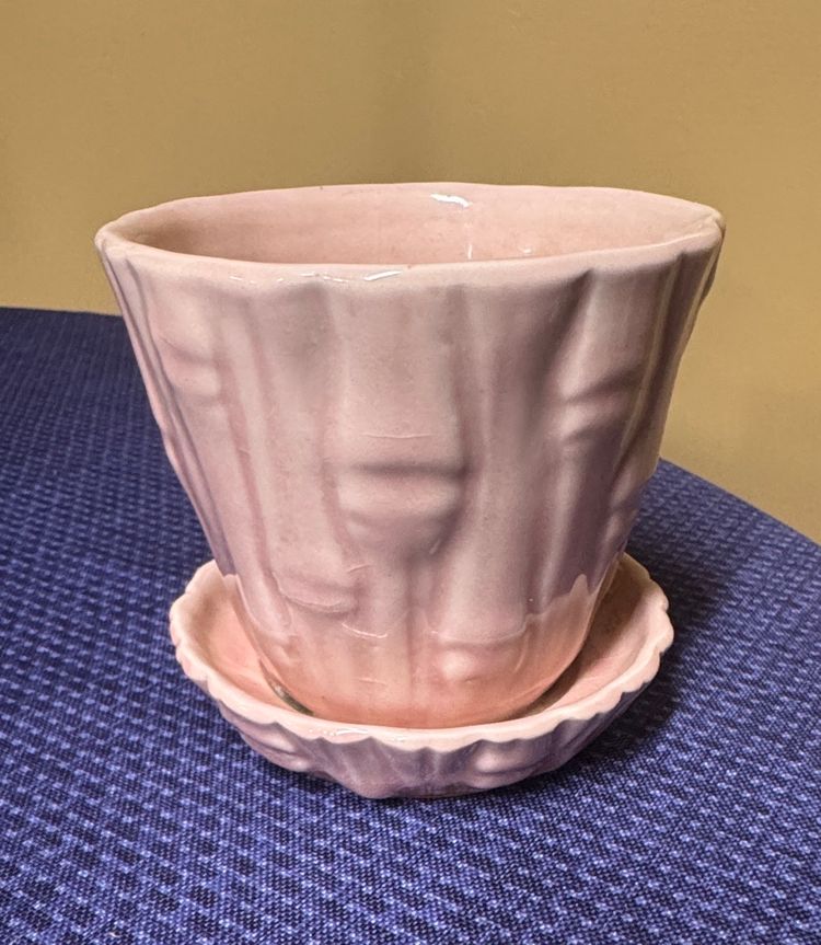 McCOY Bamboo Pattern Flower Pot Planter / Attached Saucer Pink