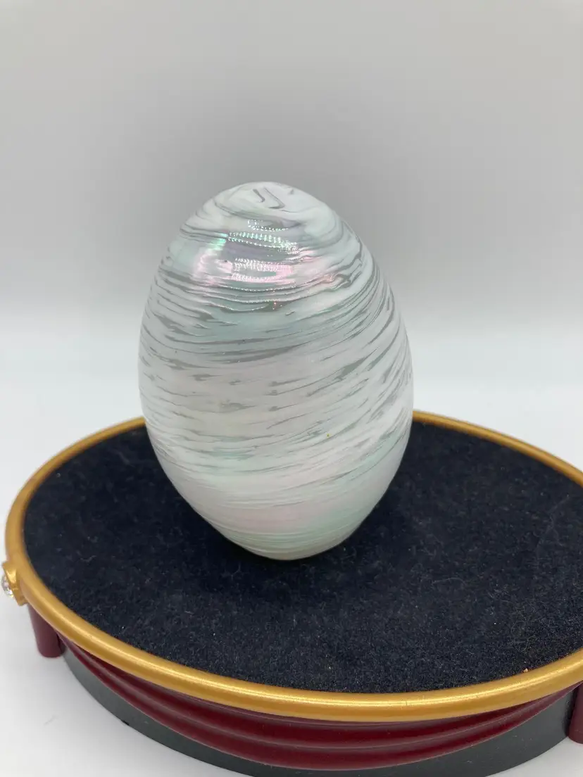 White Iridescent Swirl Art Glass Egg Paperweight