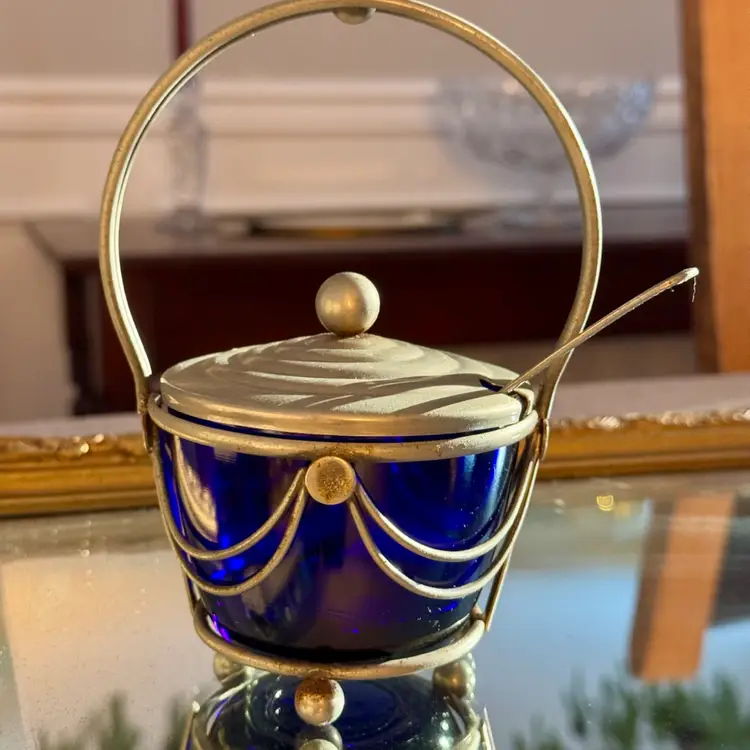 Vintage Art Deco Cobalt Blue Glass Condiment Jar