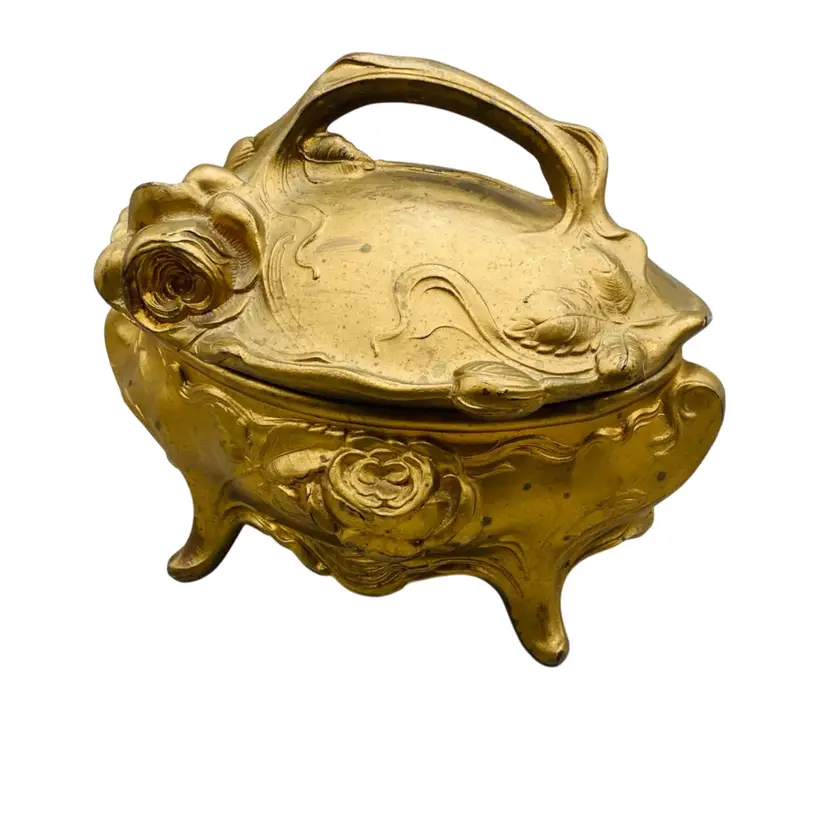 Art Nouveau Jewelry Box Trinket Brass Floral Footed Hinged Casket No Liner Numbered