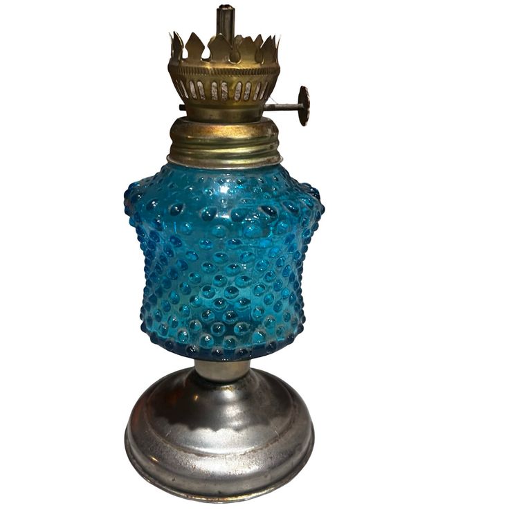 021 Vintage Blue Hobnail Oil Lamp