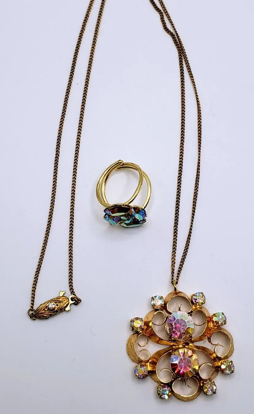 1930s Art Deco Signed Czech AB Rhinestone Necklace & Ring Fishhook Clasp