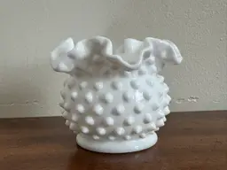 Vintage Fenton Glass Hobnail Milk Glass Case Or Bowl With Ruffled Edges