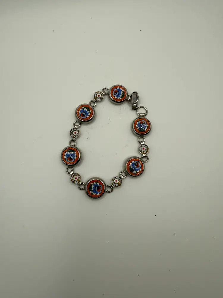 Vintage Micro Mosaic Multi Colored Floral Bracelet Silver Tone