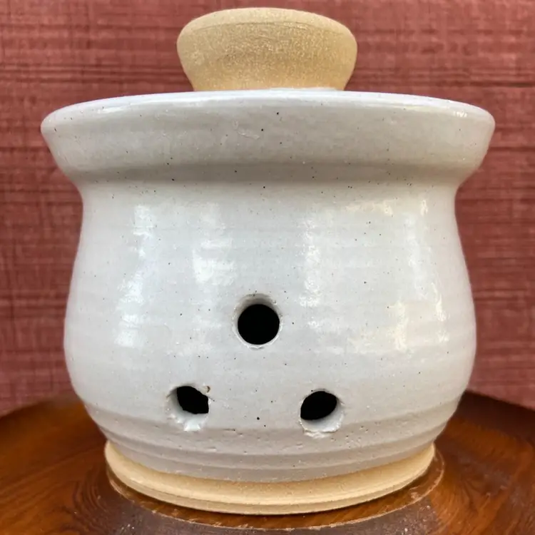 Handmade Pottery Garlic Keeper. Pink Floral Motif. Artist Signed (illegible).