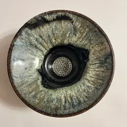 Studio Pottery Drip Glazed Ikebana Vase with Metal Floral Frog 4.75" D Signed