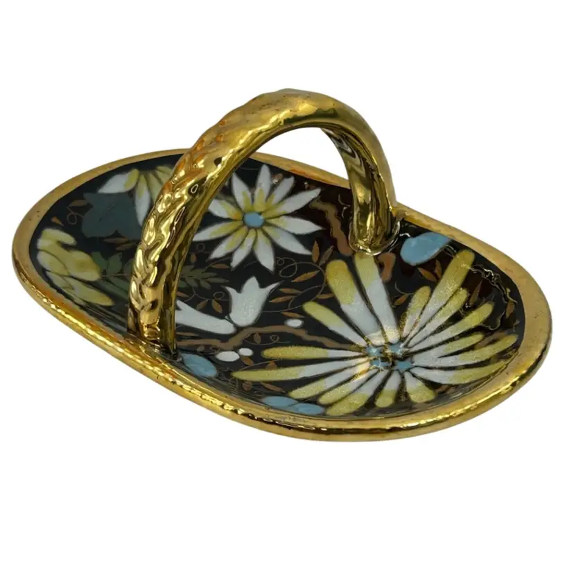 Vintage Boucherie La Louviere ceramic floral basket w/gold trim Belgium