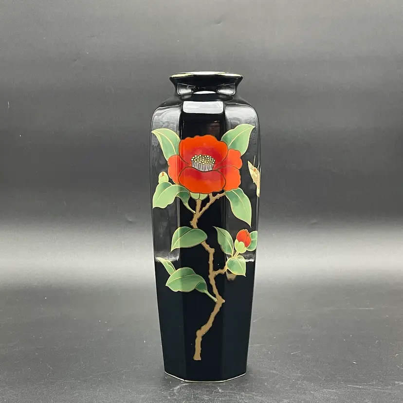 Otagiri Camellia Black Porcelain Vase Floral Butterfly Vintage Japan