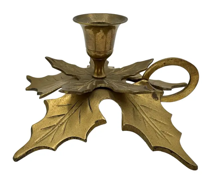 Vintage Brass Holly Leaves Candle Holder Christmas Holiday Metal Made in India