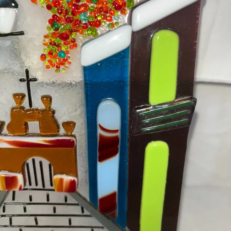 Old Time Church Street Scene Fused Glass Art Picture In Wood Stand Signed Jove
