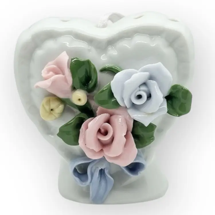 Vintage White Porcelain Heart Pomander  With Flowers And Ribbon In Mint Condition