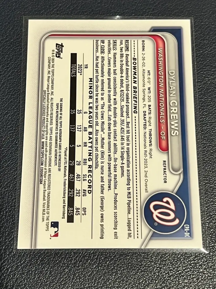 2024 Bowman Chrome Dylan Crews /499 Auto Washington Nationals