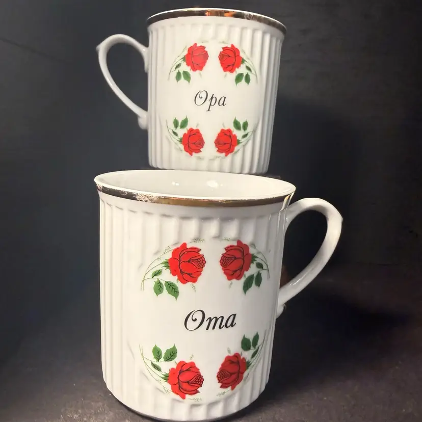 Vintage Oma & Opa Ribbed Mugs | Set of 2 | Bavarian Porcelain with Red Roses & Gold Trim