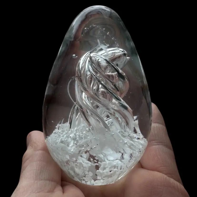 White Confetti Clear Swirled Egg Shaped Paperweight