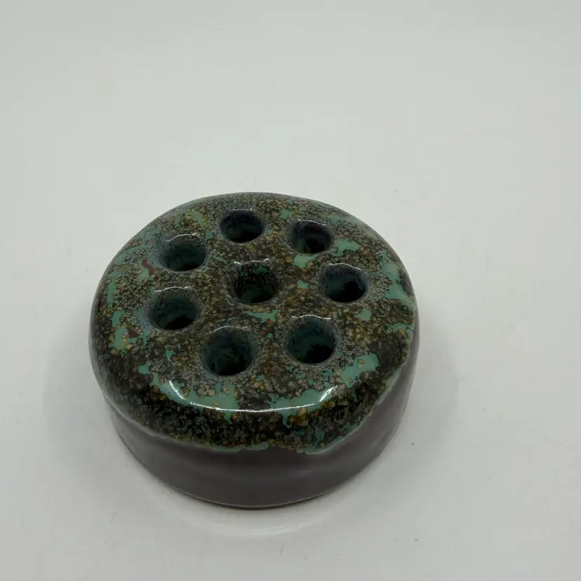 Vtg Studio Art Pottery Green And Brown Glaze 8 Hole Flower Frog