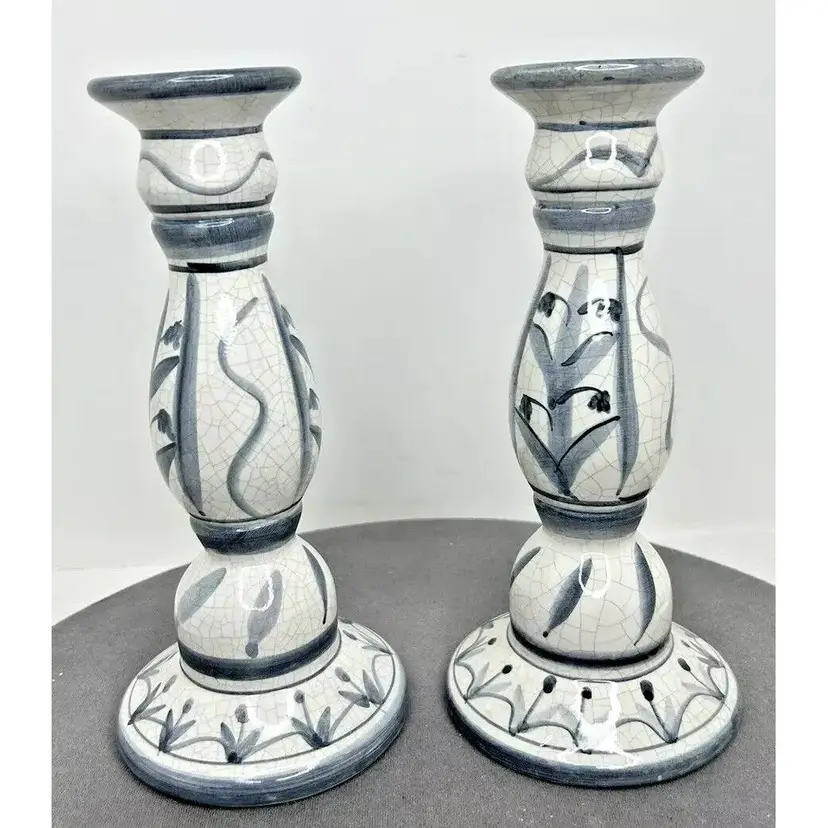 Pair Blue and White Ceramic Crackle Finish 9” Tall Candle Holders