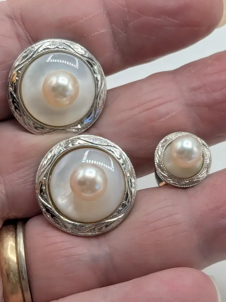 Vintage Silver Pearl Cufflinks and Tie Tack Set Mother of Pearl
