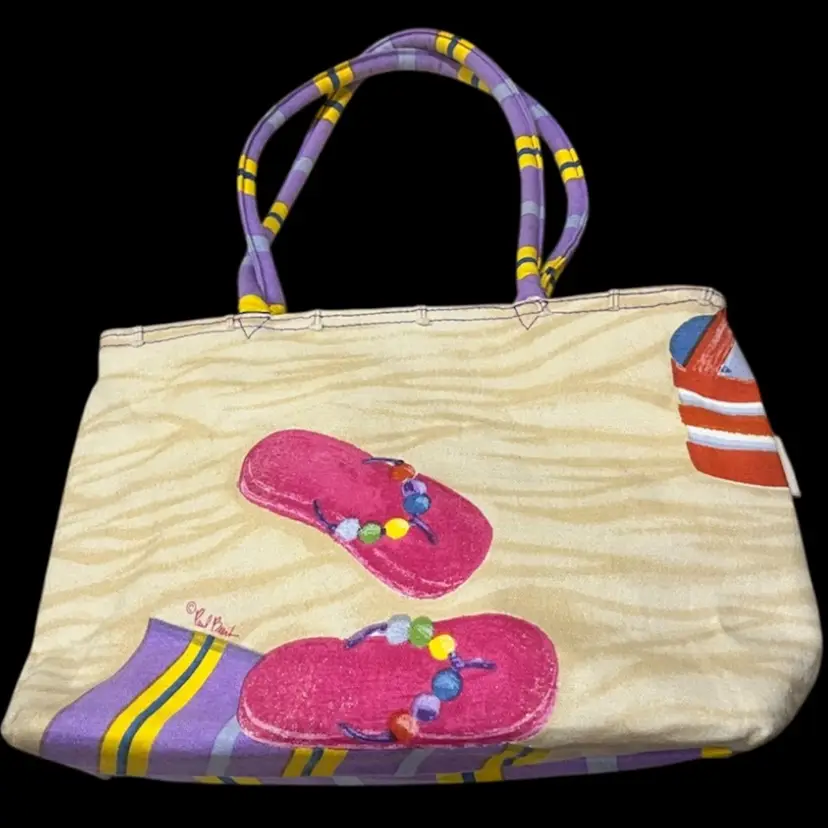Paul Brent- Vintage Beachy Canvas Purse- Flip Flop/Stripe Design- 13.5” W, 8.5” Tall, Straps- 9.5” Hang