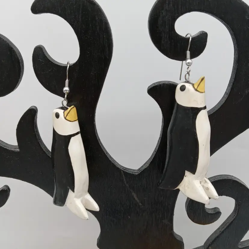 Vintage Wood Penguin Earrings
