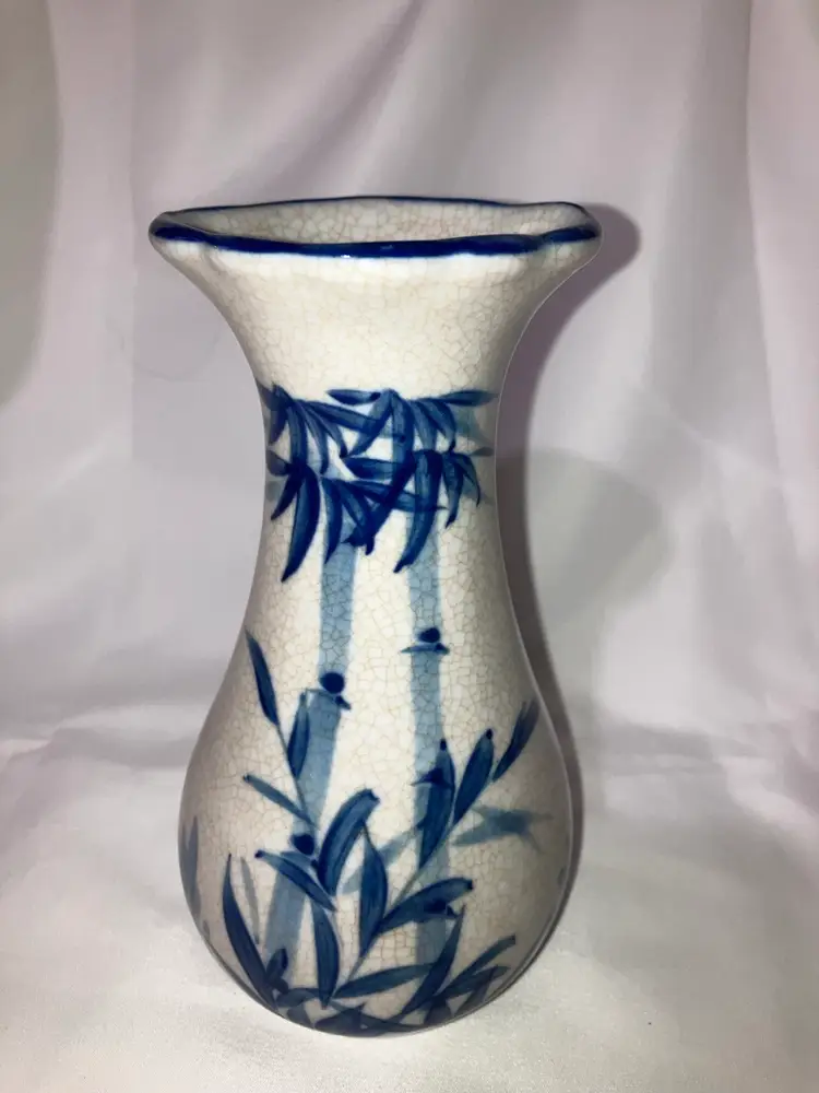 Vintage Small 6” Blue Bamboo White Vase Crackle Glaze Finish Chinoiserie